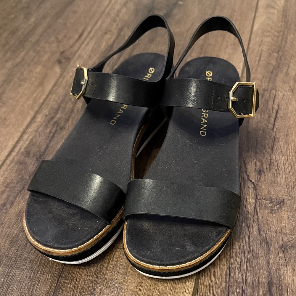 Black Leather Slingback Sandals with Gold Buckle